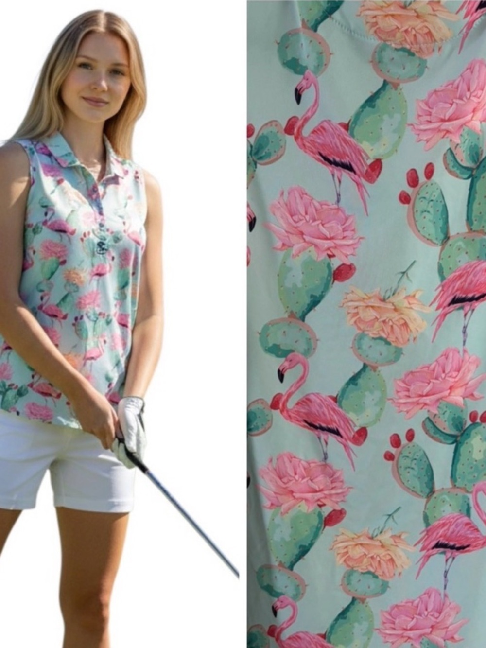 Bad Birdie Sleeveless Flamingo & Cactus Print Golf Polo - Mint Pink
